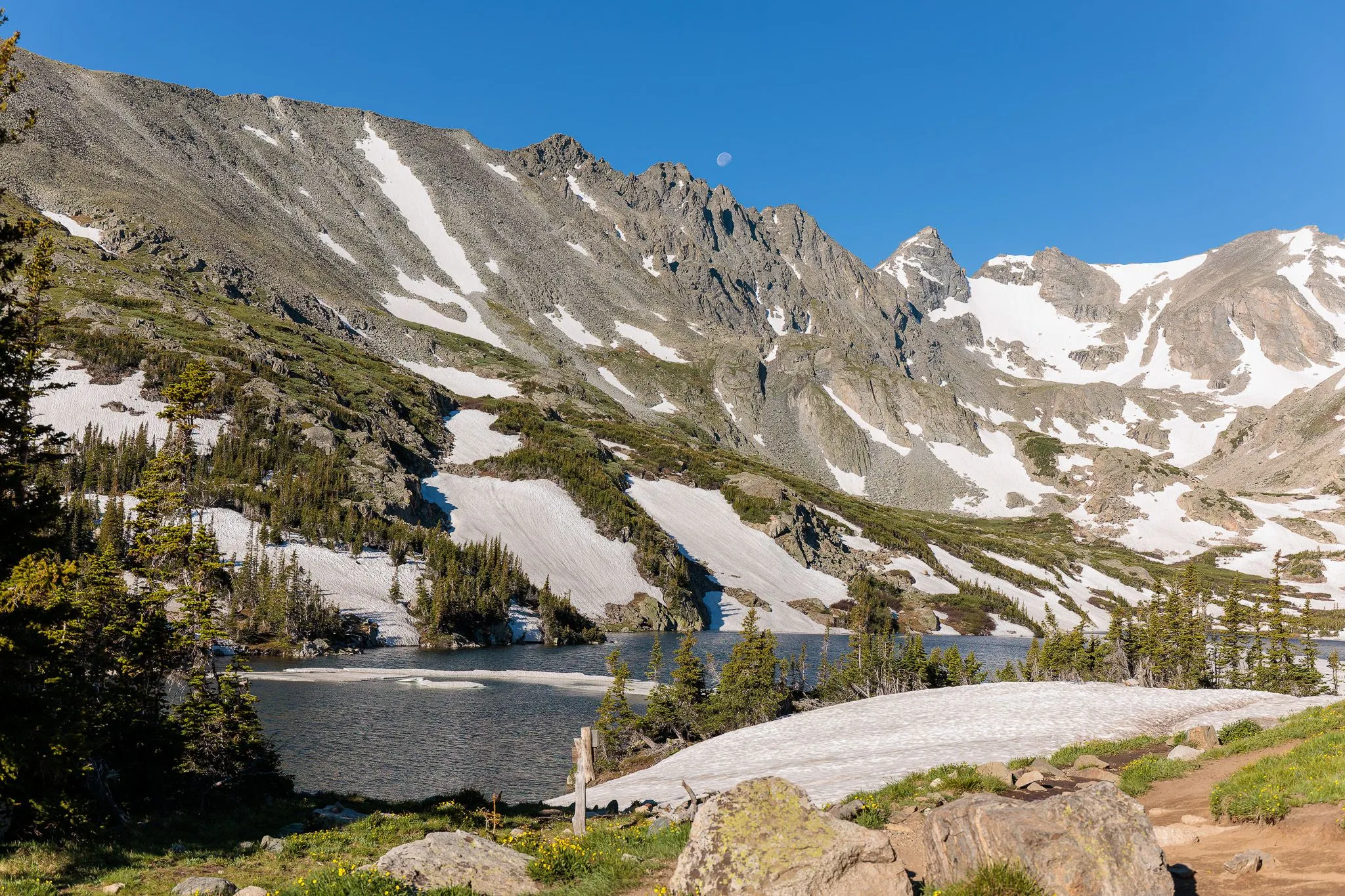 Alpine lake surrounded by snow-capped peaks and rocky terrain under a clear blue sky