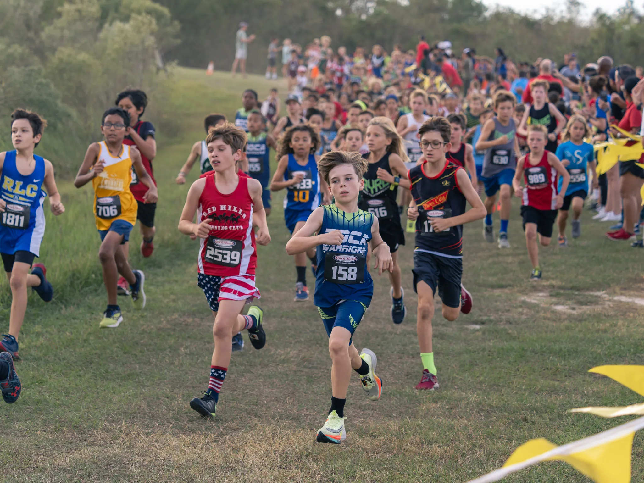 Pack of youth cross country runners racing uphill on grass with dozens of competitors from multiple teams visible